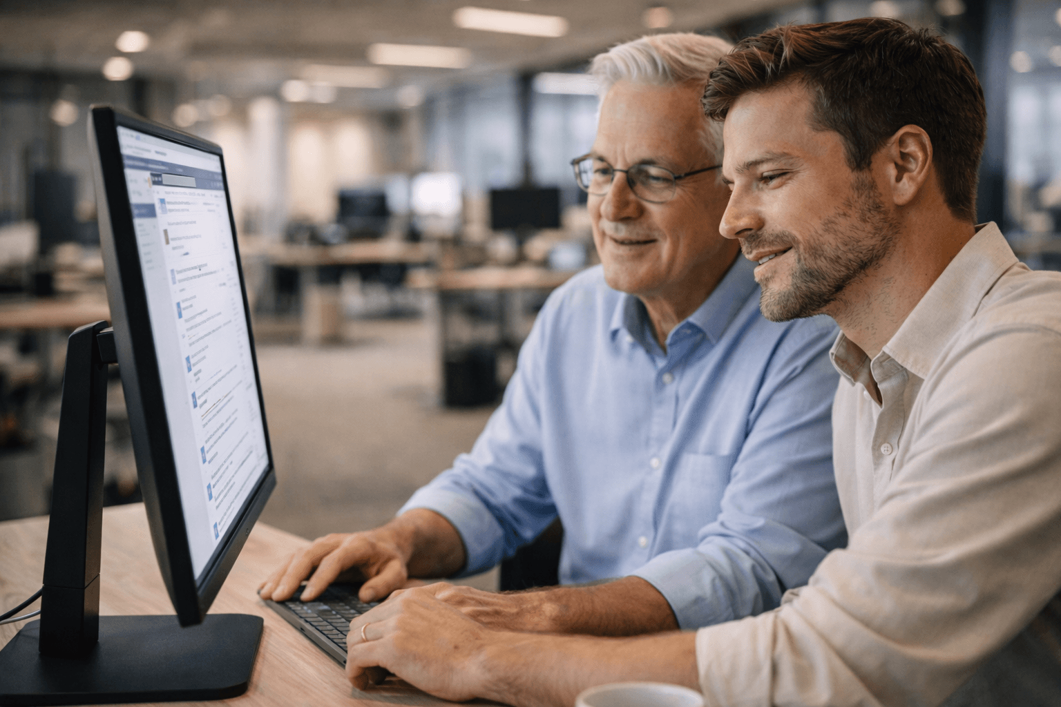 RegistryConnect employees reviewing accessibility features on a desktop monitor in an indoor office