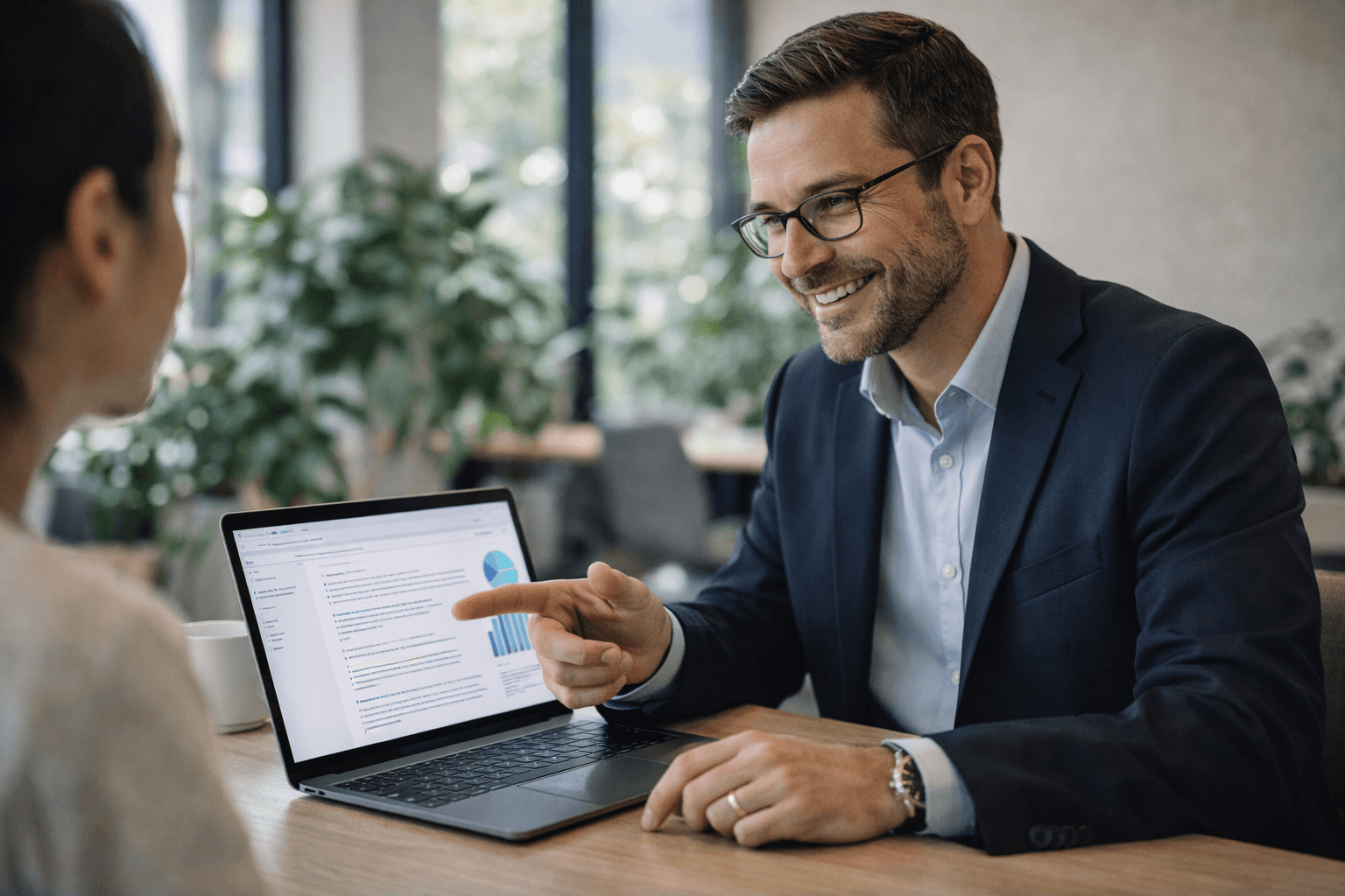 Professional business consultant reviewing digital compliance documents in a modern office, representing human oversight